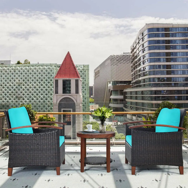 3 Pcs Solid Wood Frame Patio Rattan Furniture Set-Turquoise - Turquoise - Patio Conversation Sets