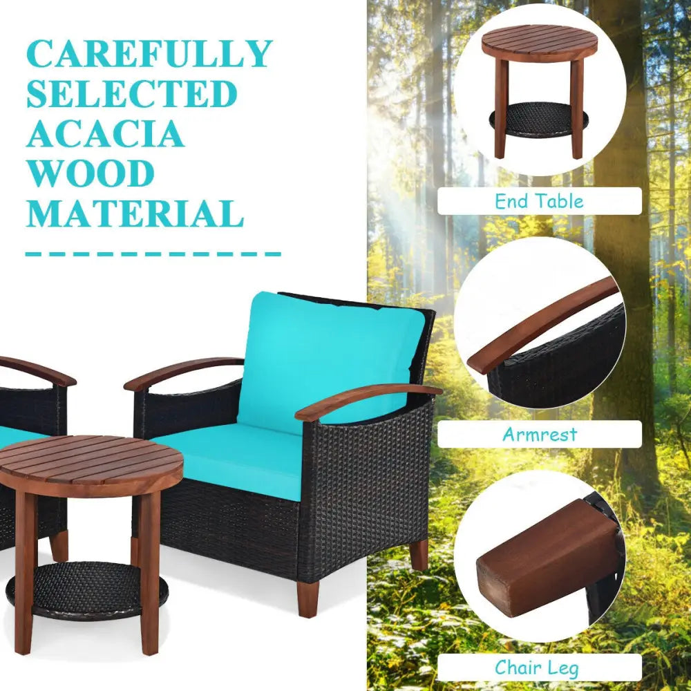 3 Pcs Solid Wood Frame Patio Rattan Furniture Set-Turquoise - Turquoise - Patio Conversation Sets