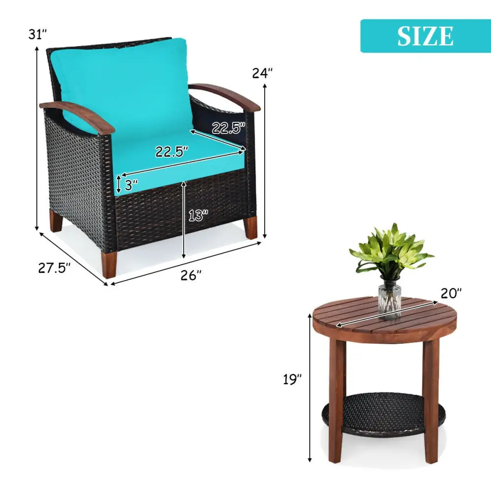 3 Pcs Solid Wood Frame Patio Rattan Furniture Set-Turquoise - Turquoise - Patio Conversation Sets