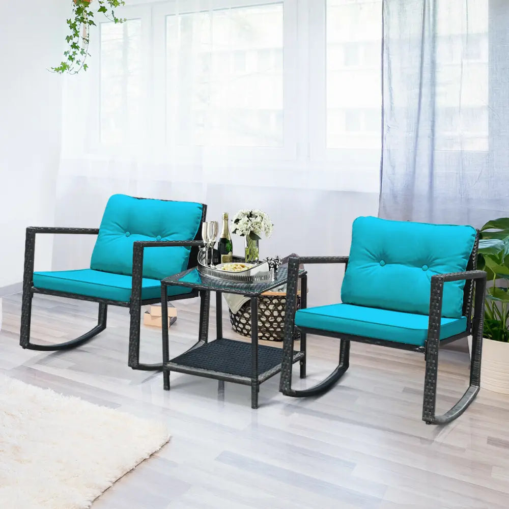 3 Pcs Wicker Rocking Bistro Set with Glass Coffee Table and Storage Shelf-Turquoise - Blue - Patio Conversation Sets