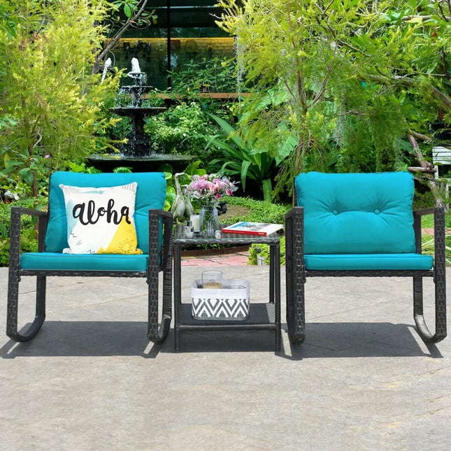3 Pcs Wicker Rocking Bistro Set with Glass Coffee Table and Storage Shelf-Turquoise - Blue - Patio Conversation Sets