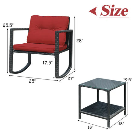 3 Pcs Wicker Rocking Bistro Set with Glass Coffee Table and Storage Shelf-Red - Red - Patio Conversation Sets