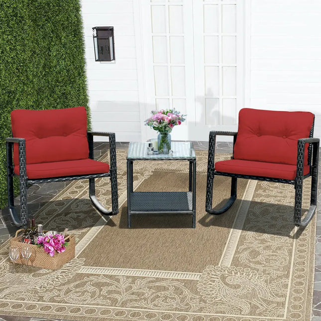 3 Pcs Wicker Rocking Bistro Set with Glass Coffee Table and Storage Shelf-Red - Red - Patio Conversation Sets