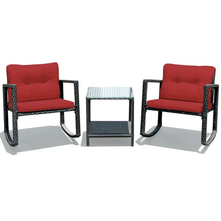 3 Pcs Wicker Rocking Bistro Set with Glass Coffee Table and Storage Shelf-Red - Red - Patio Conversation Sets
