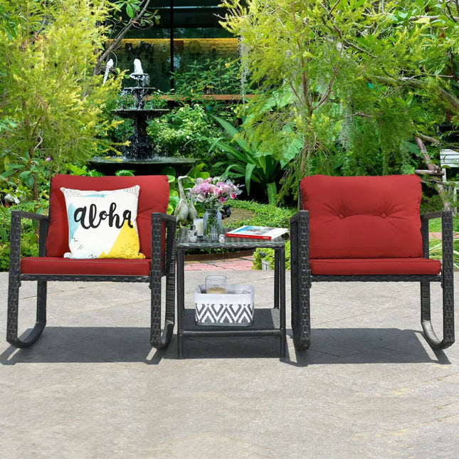 3 Pcs Wicker Rocking Bistro Set with Glass Coffee Table and Storage Shelf-Red - Red - Patio Conversation Sets