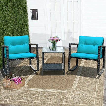 3 Pcs Wicker Rocking Bistro Set with Glass Coffee Table and Storage Shelf-Turquoise - Blue - Patio Conversation Sets