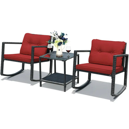 3 Pcs Wicker Rocking Bistro Set with Glass Coffee Table and Storage Shelf-Red - Red - Patio Conversation Sets