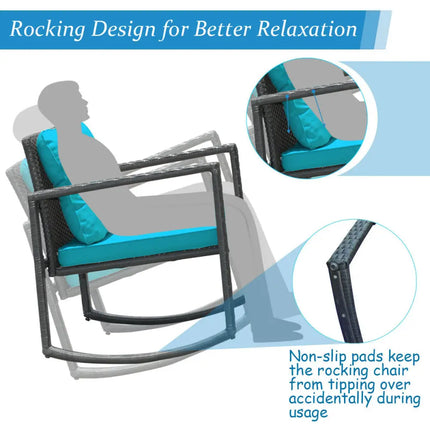 3 Pcs Wicker Rocking Bistro Set with Glass Coffee Table and Storage Shelf-Turquoise - Blue - Patio Conversation Sets