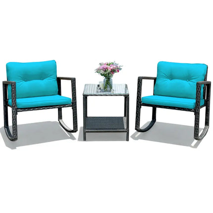 3 Pcs Wicker Rocking Bistro Set with Glass Coffee Table and Storage Shelf-Turquoise - Blue - Patio Conversation Sets