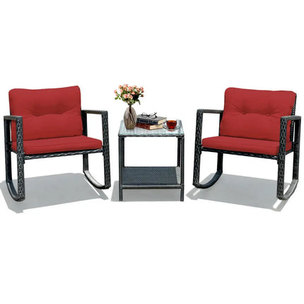 3 Pcs Wicker Rocking Bistro Set with Glass Coffee Table and Storage Shelf-Red - Red - Patio Conversation Sets