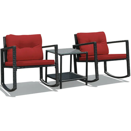 3 Pcs Wicker Rocking Bistro Set with Glass Coffee Table and Storage Shelf-Red - Red - Patio Conversation Sets