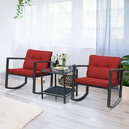 3 Pcs Wicker Rocking Bistro Set with Glass Coffee Table and Storage Shelf-Red - Red - Patio Conversation Sets