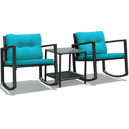 3 Pcs Wicker Rocking Bistro Set with Glass Coffee Table and Storage Shelf-Turquoise - Blue - Patio Conversation Sets