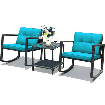 3 Pcs Wicker Rocking Bistro Set with Glass Coffee Table and Storage Shelf-Turquoise - Blue - Patio Conversation Sets