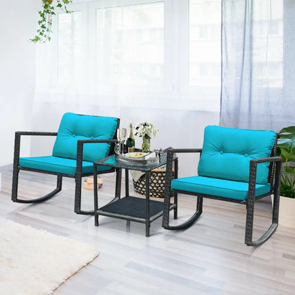 3 Pcs Wicker Rocking Bistro Set with Glass Coffee Table and Storage Shelf-Turquoise - Blue - Patio Conversation Sets