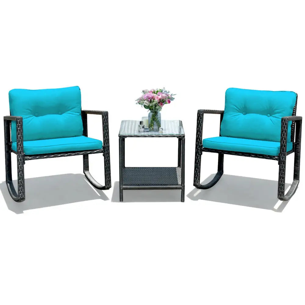 3 Pcs Wicker Rocking Bistro Set with Glass Coffee Table and Storage Shelf-Turquoise - Blue - Patio Conversation Sets