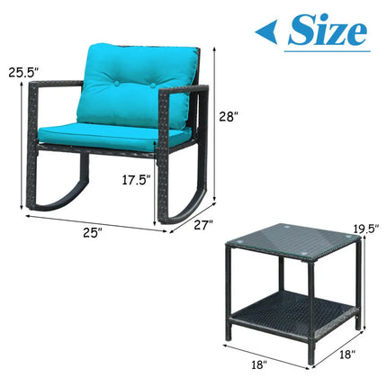 3 Pcs Wicker Rocking Bistro Set with Glass Coffee Table and Storage Shelf-Turquoise - Blue - Patio Conversation Sets