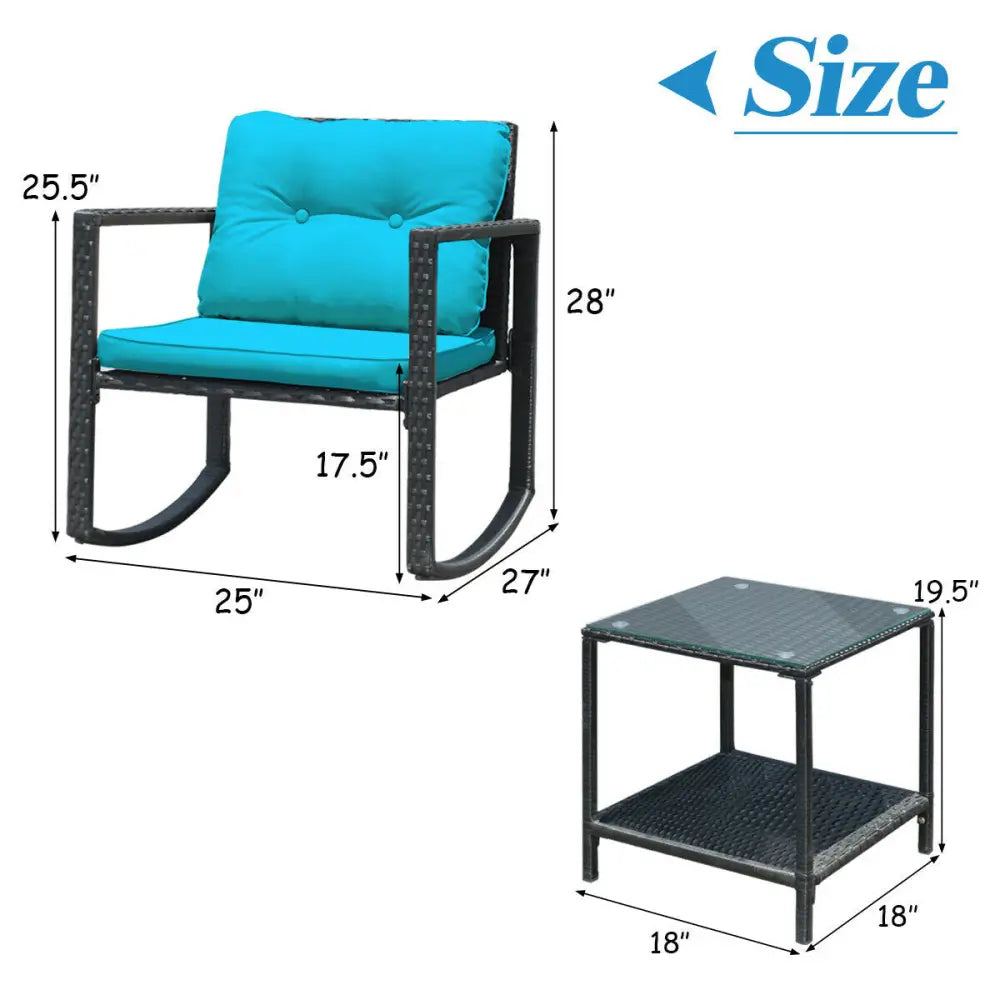 3 Pcs Wicker Rocking Bistro Set with Glass Coffee Table and Storage Shelf-Turquoise - Blue - Patio Conversation Sets
