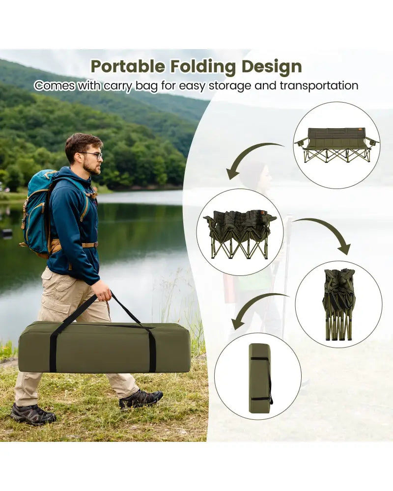 3 Person Folding Camping Chair with 2 Cup Holders Cotton Padding & Storage Bag-Green - Green - Camping Furniture