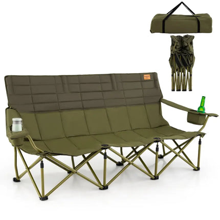 3 Person Folding Camping Chair with 2 Cup Holders Cotton Padding & Storage Bag-Green - Green - Camping Furniture