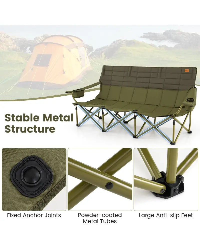 3 Person Folding Camping Chair with 2 Cup Holders Cotton Padding & Storage Bag-Green - Green - Camping Furniture