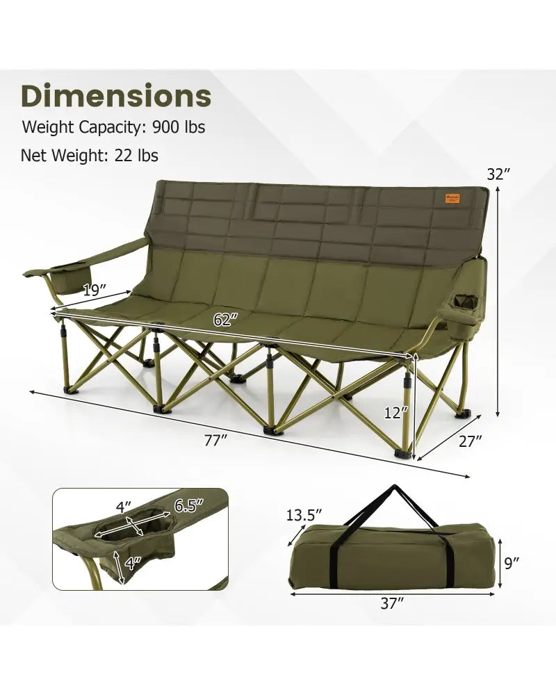 3 Person Folding Camping Chair with 2 Cup Holders Cotton Padding & Storage Bag-Green - Green - Camping Furniture