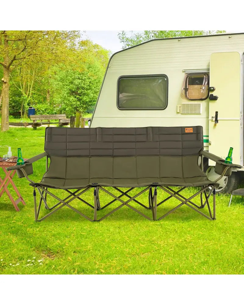 3 Person Folding Camping Chair with 2 Cup Holders Cotton Padding & Storage Bag-Green - Green - Camping Furniture
