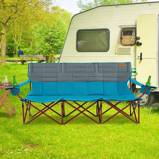 3 Person Folding Camping Chair with 2 Cup Holders Cotton Padding & Storage Bag-Blue - Blue - Camping Furniture