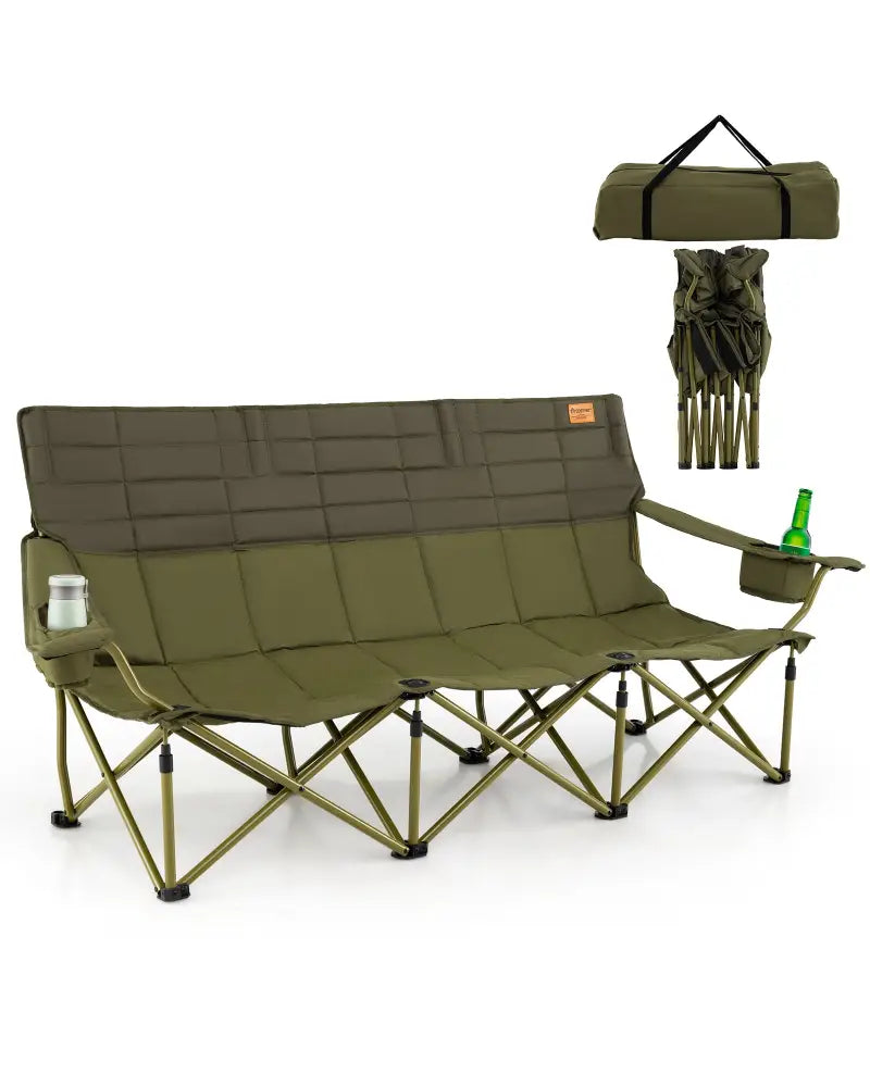3 Person Folding Camping Chair with 2 Cup Holders Cotton Padding & Storage Bag-Green - Green - Camping Furniture
