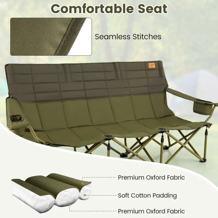 3 Person Folding Camping Chair with 2 Cup Holders Cotton Padding & Storage Bag-Green - Green - Camping Furniture