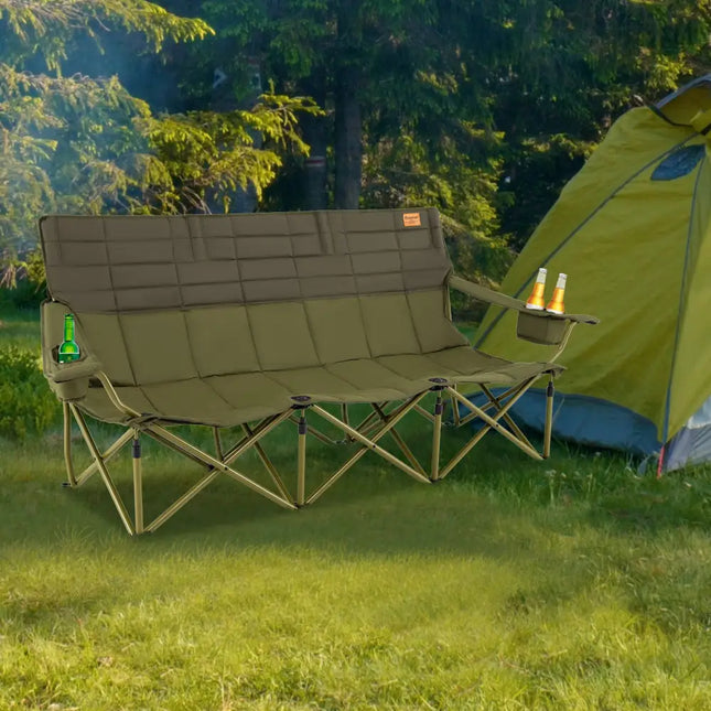 3 Person Folding Camping Chair with 2 Cup Holders Cotton Padding & Storage Bag-Green - Green - Camping Furniture