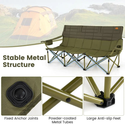 3 Person Folding Camping Chair with 2 Cup Holders Cotton Padding & Storage Bag-Green - Green - Camping Furniture