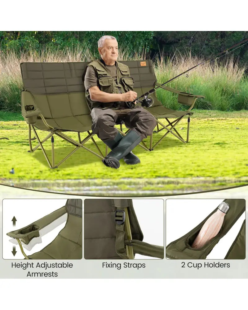 3 Person Folding Camping Chair with 2 Cup Holders Cotton Padding & Storage Bag-Green - Green - Camping Furniture