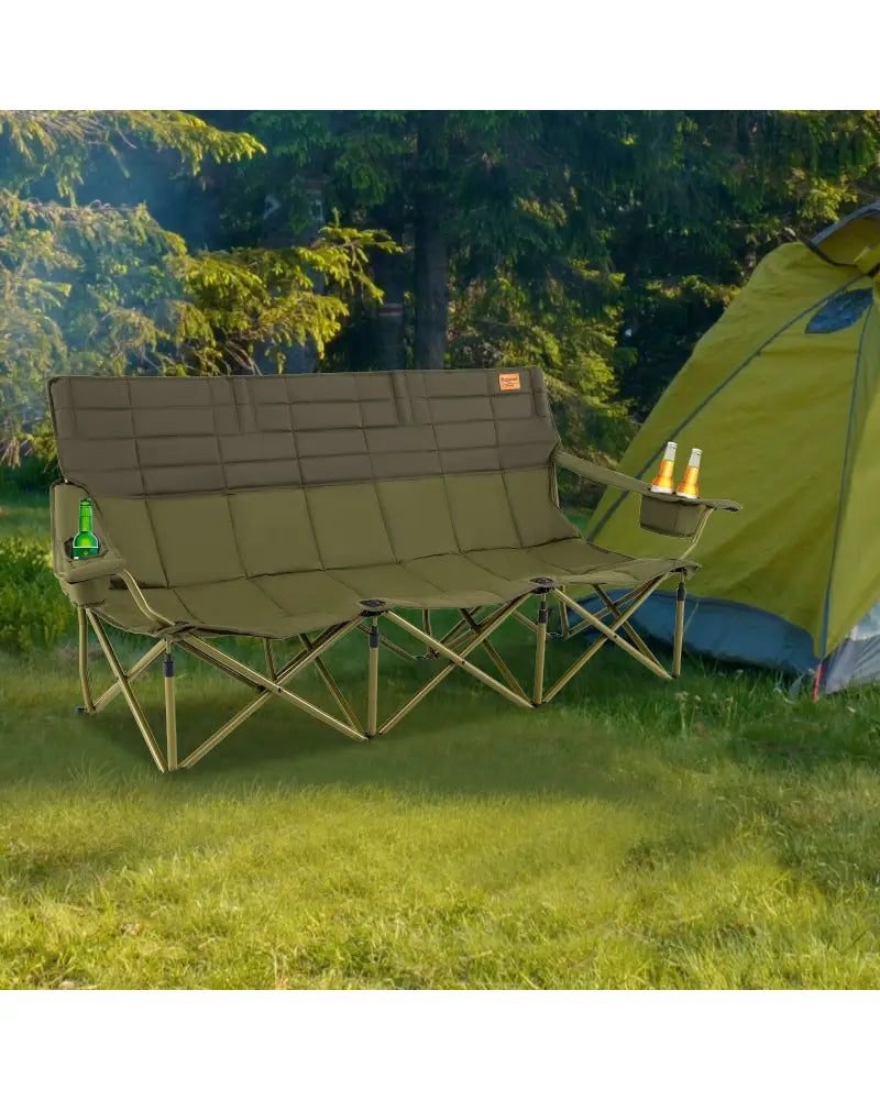 3 Person Folding Camping Chair with 2 Cup Holders Cotton Padding & Storage Bag-Green - Green - Camping Furniture