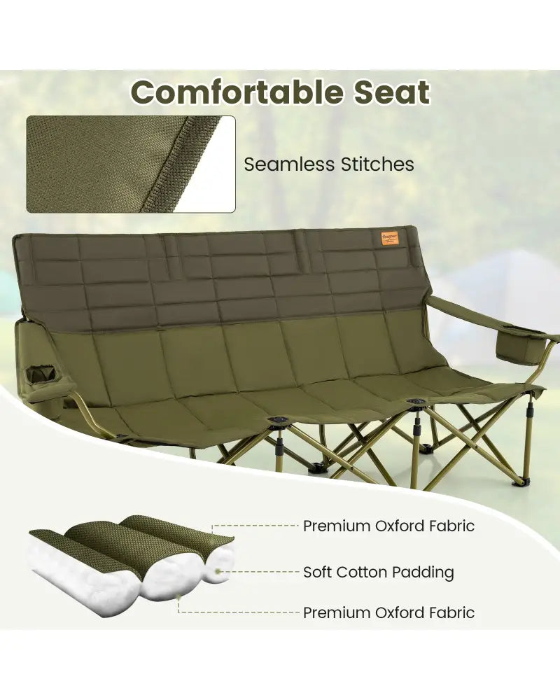 3 Person Folding Camping Chair with 2 Cup Holders Cotton Padding & Storage Bag-Green - Green - Camping Furniture