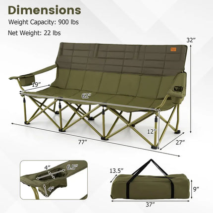 3 Person Folding Camping Chair with 2 Cup Holders Cotton Padding & Storage Bag-Green - Green - Camping Furniture