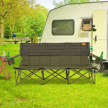 3 Person Folding Camping Chair with 2 Cup Holders Cotton Padding & Storage Bag-Green - Green - Camping Furniture
