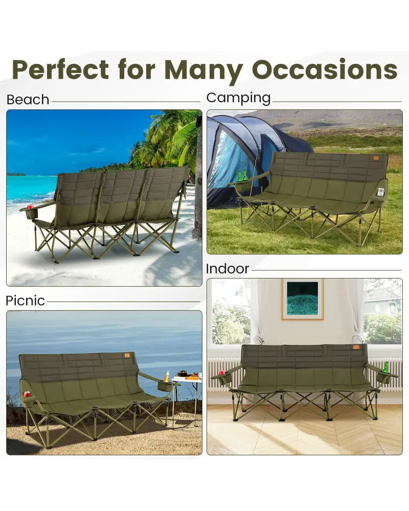 3 Person Folding Camping Chair with 2 Cup Holders Cotton Padding & Storage Bag-Green - Green - Camping Furniture