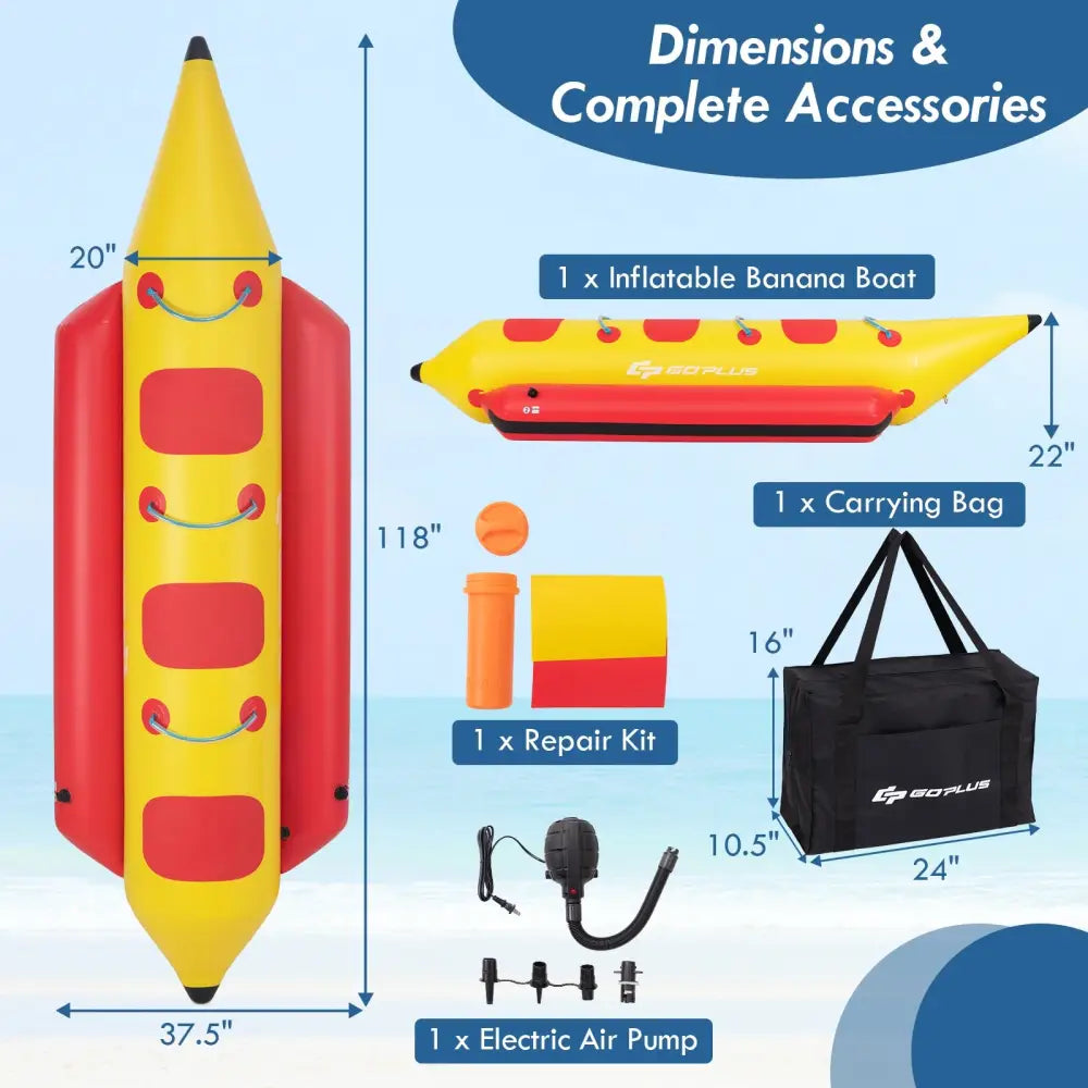 3-Person Inflatable Banana Boat with Electric Air Pump Carrying Bag and Repair Kit - Yellow - Water Sports