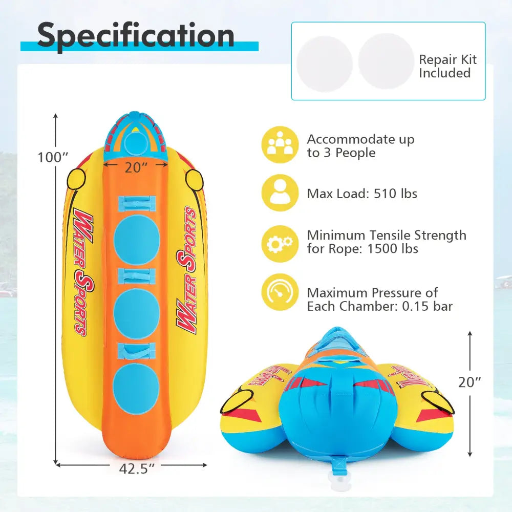 3-Person Inflatable Banana Boat with 3 EVA-padded Seats and Handles - Orange - Water Sports