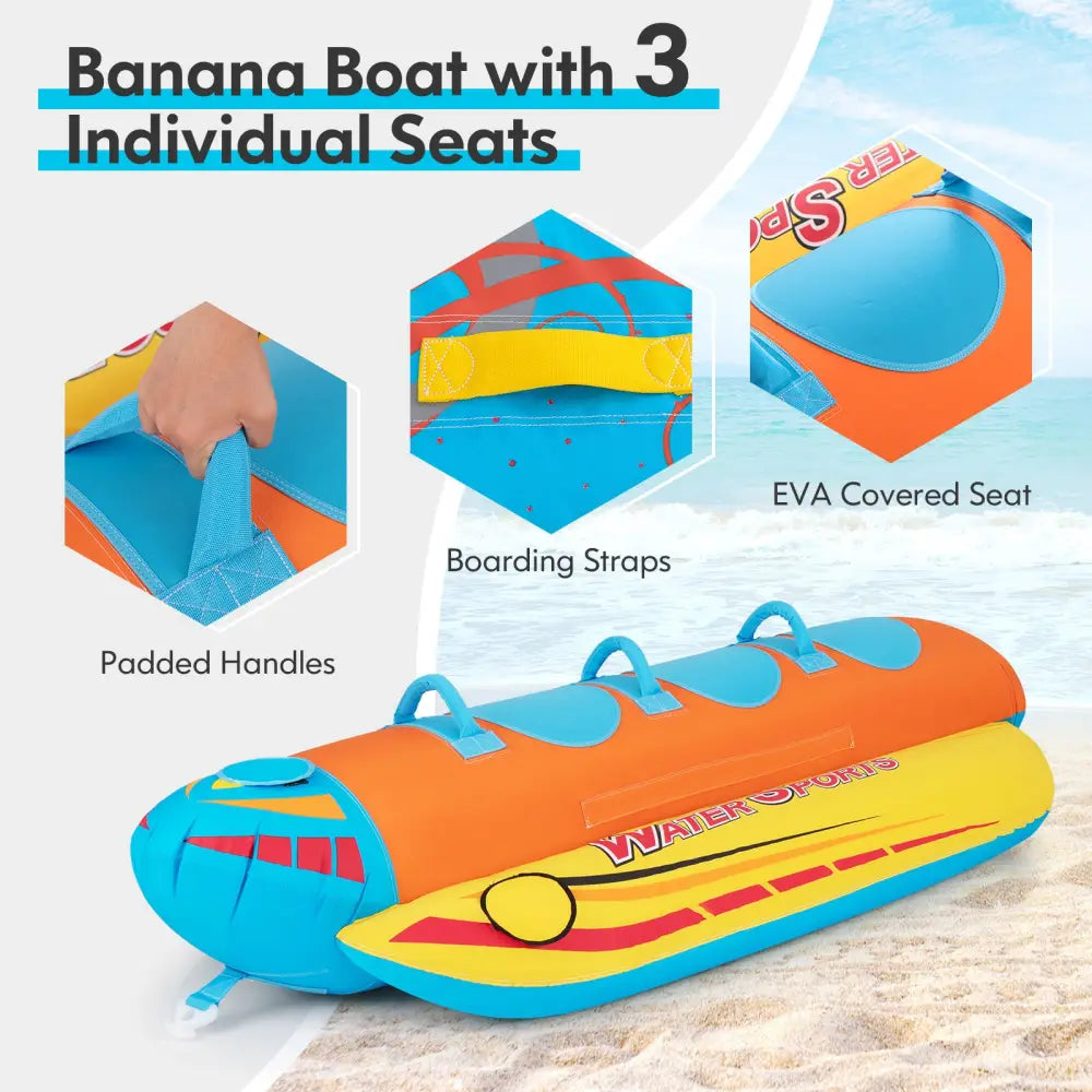 3-Person Inflatable Banana Boat with 3 EVA-padded Seats and Handles - Orange - Water Sports