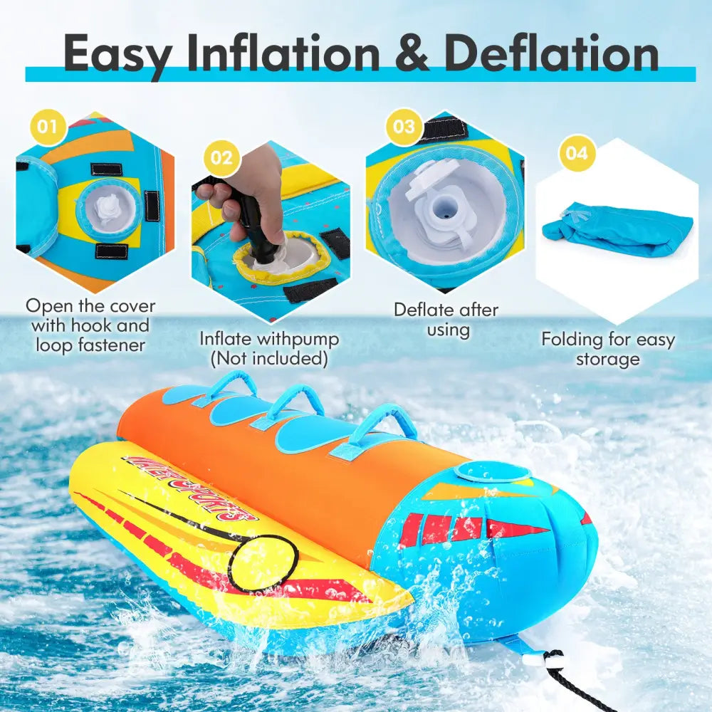 3-Person Inflatable Banana Boat with 3 EVA-padded Seats and Handles - Orange - Water Sports