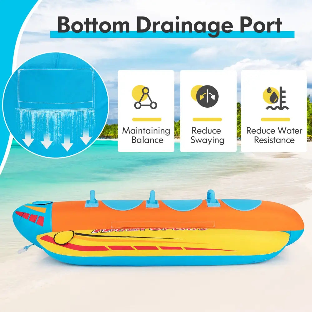 3-Person Inflatable Banana Boat with 3 EVA-padded Seats and Handles - Orange - Water Sports