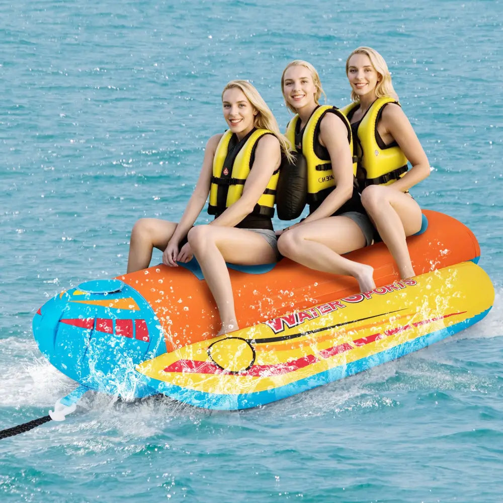 3-Person Inflatable Banana Boat with 3 EVA-padded Seats and Handles - Orange - Water Sports