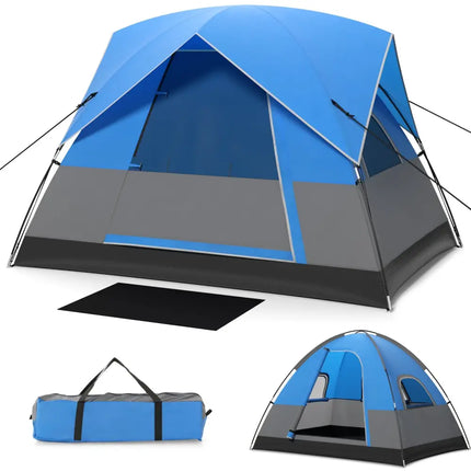 3 Person Outdoor Camping Tent with Removable Floor Mat for Camping Hiking Traveling-Blue - Blue - Tents