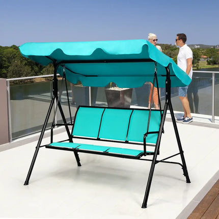 3 Person Patio Swing with Polyester Angle Adjustable Canopy and Steel Frame-Blue - Blue - Porch Swings