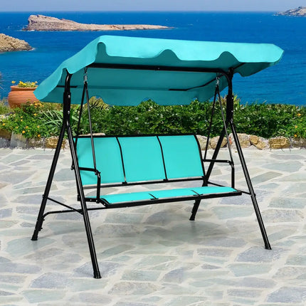3 Person Patio Swing with Polyester Angle Adjustable Canopy and Steel Frame-Blue - Blue - Porch Swings