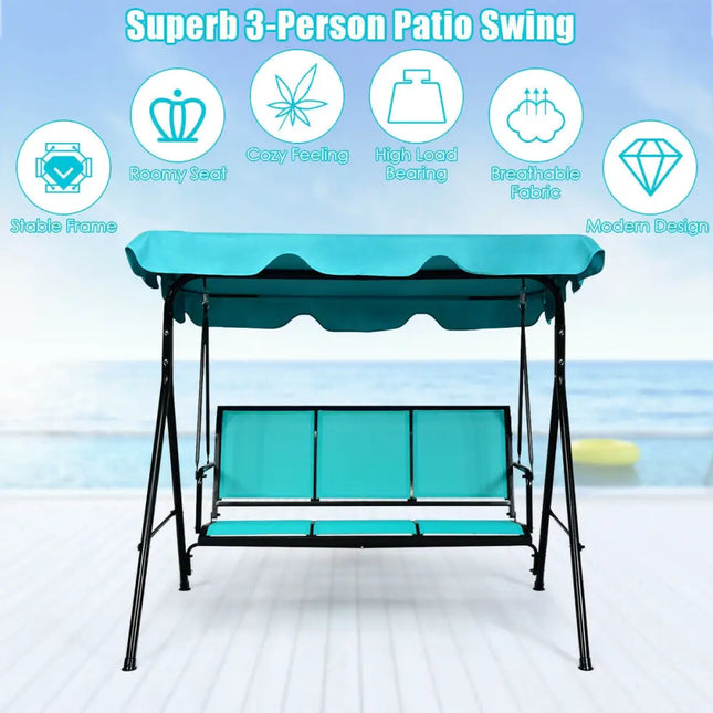 3 Person Patio Swing with Polyester Angle Adjustable Canopy and Steel Frame-Blue - Blue - Porch Swings