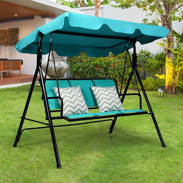 3 Person Patio Swing with Polyester Angle Adjustable Canopy and Steel Frame-Blue - Blue - Porch Swings