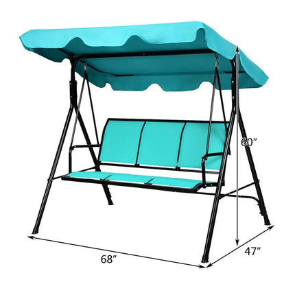 3 Person Patio Swing with Polyester Angle Adjustable Canopy and Steel Frame-Blue - Blue - Porch Swings